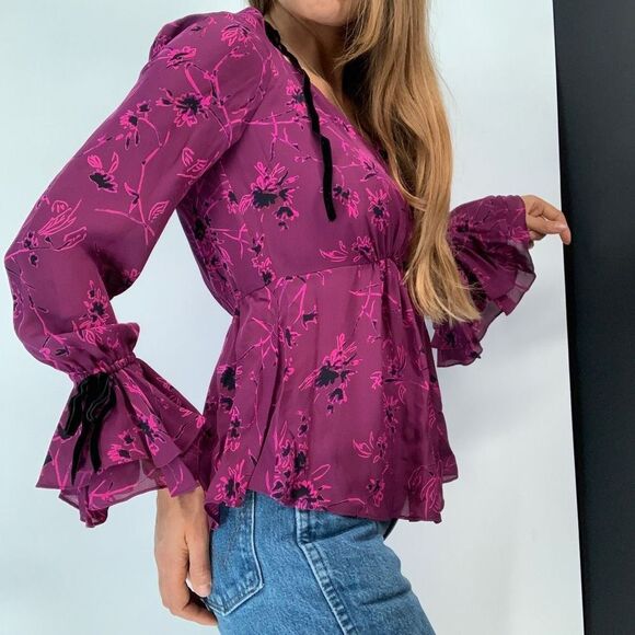CINQ A SEPT 100% silk victorian boho ruffle button front Top long blouse xs - Picture 1 of 10